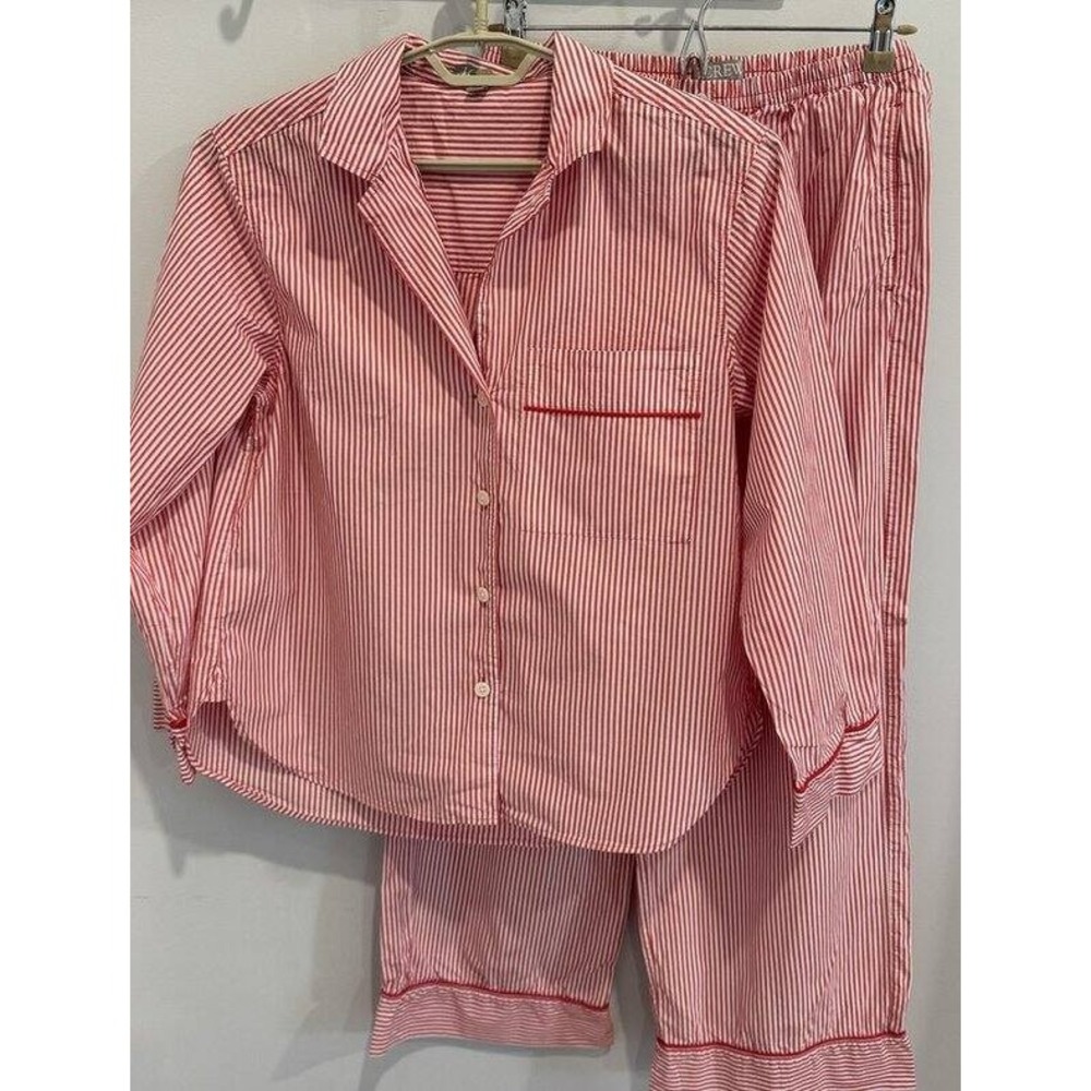 J Crew Womens Pajama Pant Set Red Striped Cotton Poplin Long Sleeve Button S